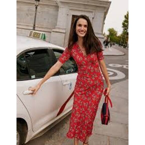 BODEN Short Sleeve Jersey Midi Dress 12R Flame Scarlet Botanical Bunch Floral - Picture 2 of 14